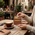 A person at a cafe holds an open brown leather cardholder with two gold cards partially inserted. The cardholder is branded MICHAEL KORS, visible on the front.