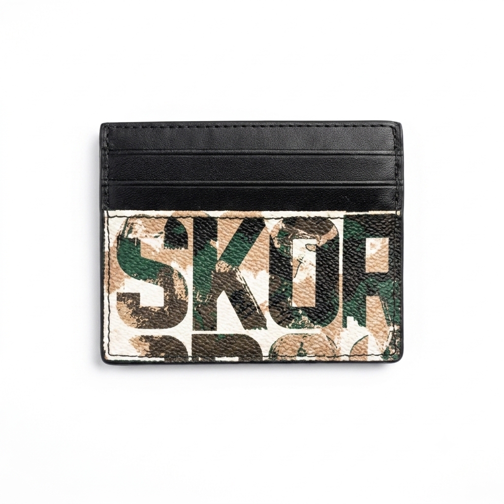A slim black leather card holder wallet with a front panel featuring a distressed camouflage pattern in green, brown, and beige with the text 'SKOR' printed across it, shown on a plain white background.