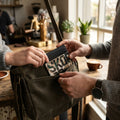 An olive green canvas shoulder bag being held open by two people in a warm, sunlit cafe setting. A black wallet with a camouflage-patterned 'SKOR' patch is tucked into the front pocket.