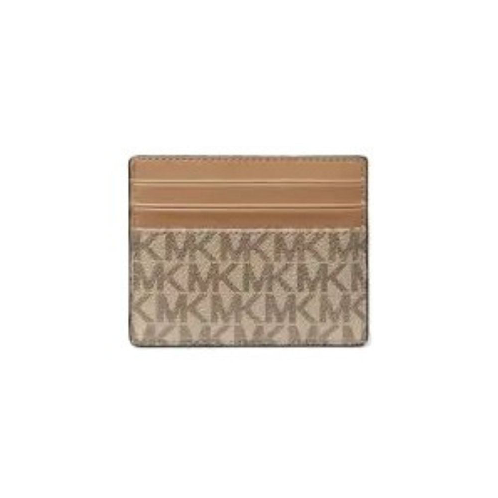 Michael Kors monogram canvas card holder wallet in beige and brown, featuring a tan leather stripe detail at the top, shown on a plain white background.
