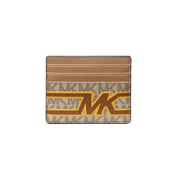 A Michael Kors cardholder wallet featuring a tan leather top section and a beige monogram patterned lower section with a large brown and gold 'MK' logo.