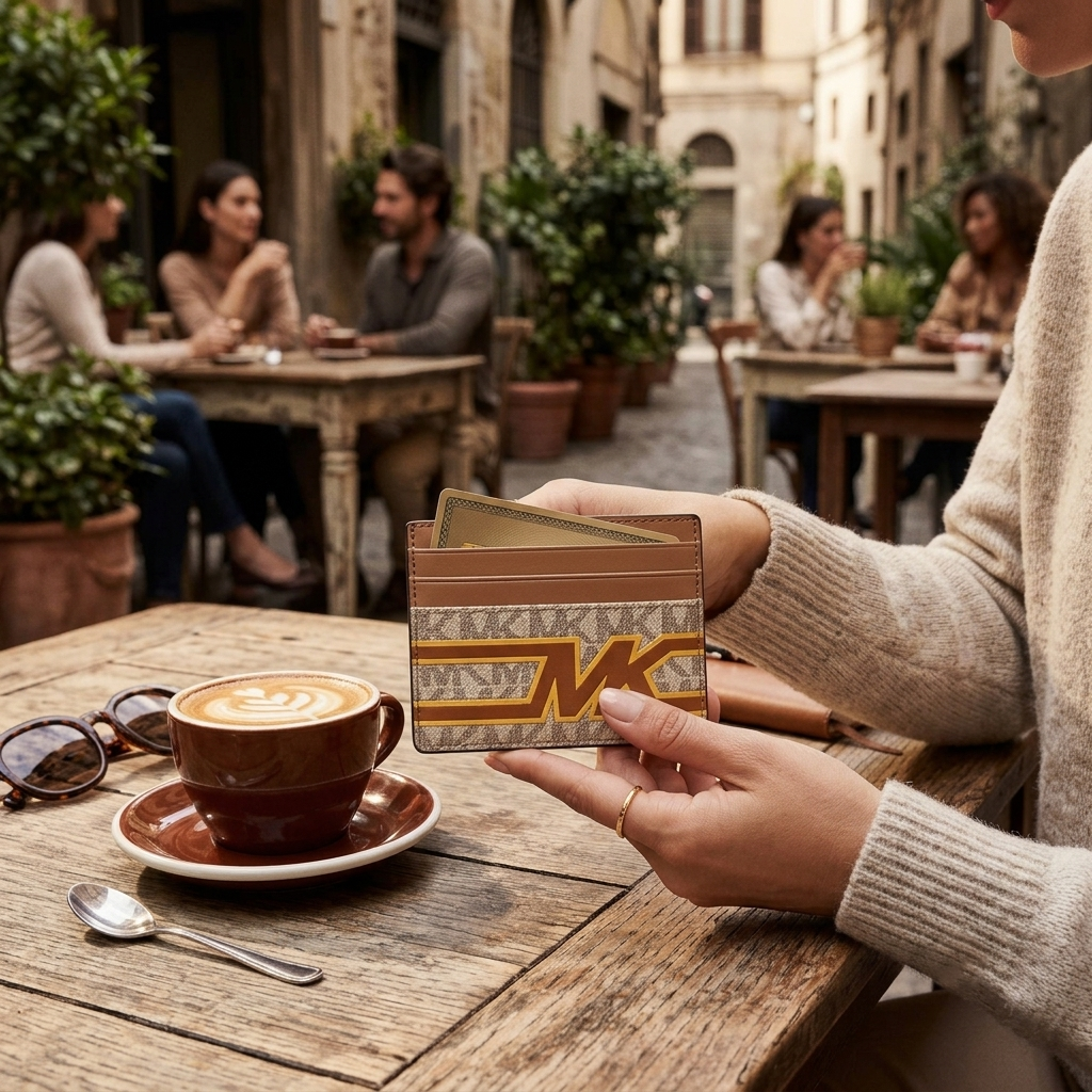 A close-up of a person holding a brown leather wallet with a beige and brown monogram pattern and a large 'MK' logo, set against a blurred cafe background with people and a coffee cup on a wooden table.