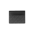 A black leather cardholder wallet with a textured monogram pattern on the front and smooth black card slots along the top, shown against a plain white background.