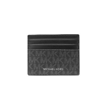 A black Michael Kors card holder wallet featuring the brand's signature monogram pattern and 'MICHAEL KORS' text in white on the front, set against a plain white background.