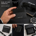 A black textured Michael Kors card holder wallet is shown being held by a hand, with additional views showing it closed, inside, and in its black box. The collage includes lifestyle props like sunglasses, a watch, a pen, and a coffee cup on a dark and light background.