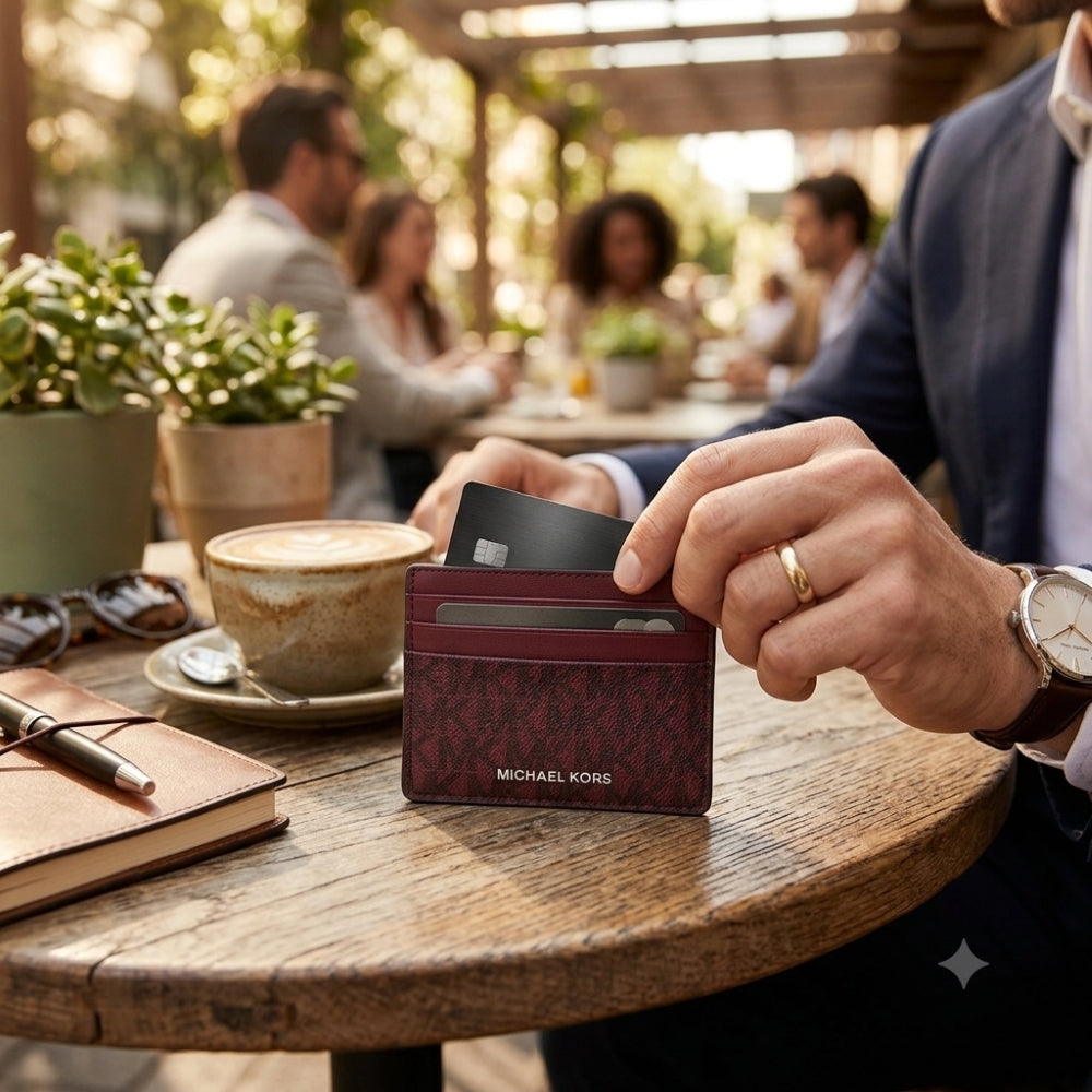 Michael Kors card holder in burgundy leather with a monogram pattern and silver-tone logo lettering, shown on a plain white background.