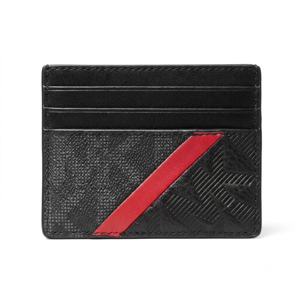 A black leather cardholder wallet featuring a textured pattern, a black embossed monogram design, and a diagonal red accent stripe on the front, shown against a plain white background.