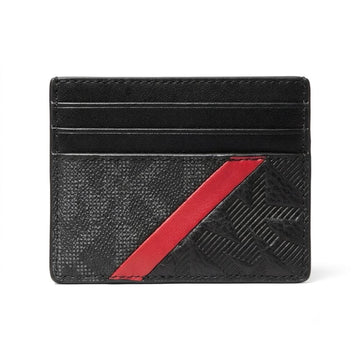 A black leather cardholder wallet featuring a textured pattern, a black embossed monogram design, and a diagonal red accent stripe on the front, shown against a plain white background.