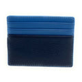 A slim cardholder wallet made of two-tone leather, featuring a vibrant blue upper section with card slots and a dark navy blue textured lower section, shown on a plain white background.