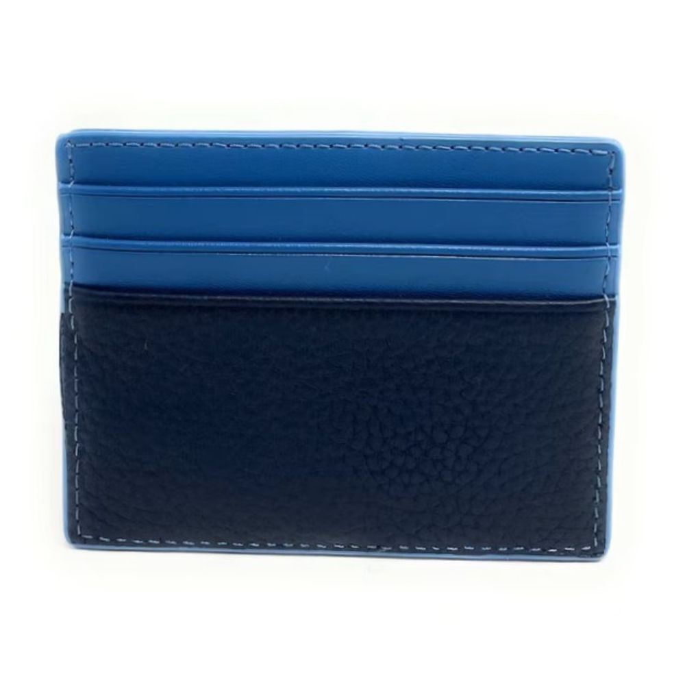 A slim cardholder wallet made of two-tone leather, featuring a vibrant blue upper section with card slots and a dark navy blue textured lower section, shown on a plain white background.