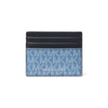 Michael Kors card holder wallet in blue monogram canvas with a black leather top band, shown on a plain white background.