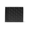 A black leather bifold wallet featuring an embossed repeating circular monogram pattern, shown against a plain white background.