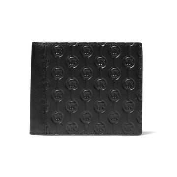 A black leather bifold wallet featuring an embossed repeating circular monogram pattern, shown against a plain white background.