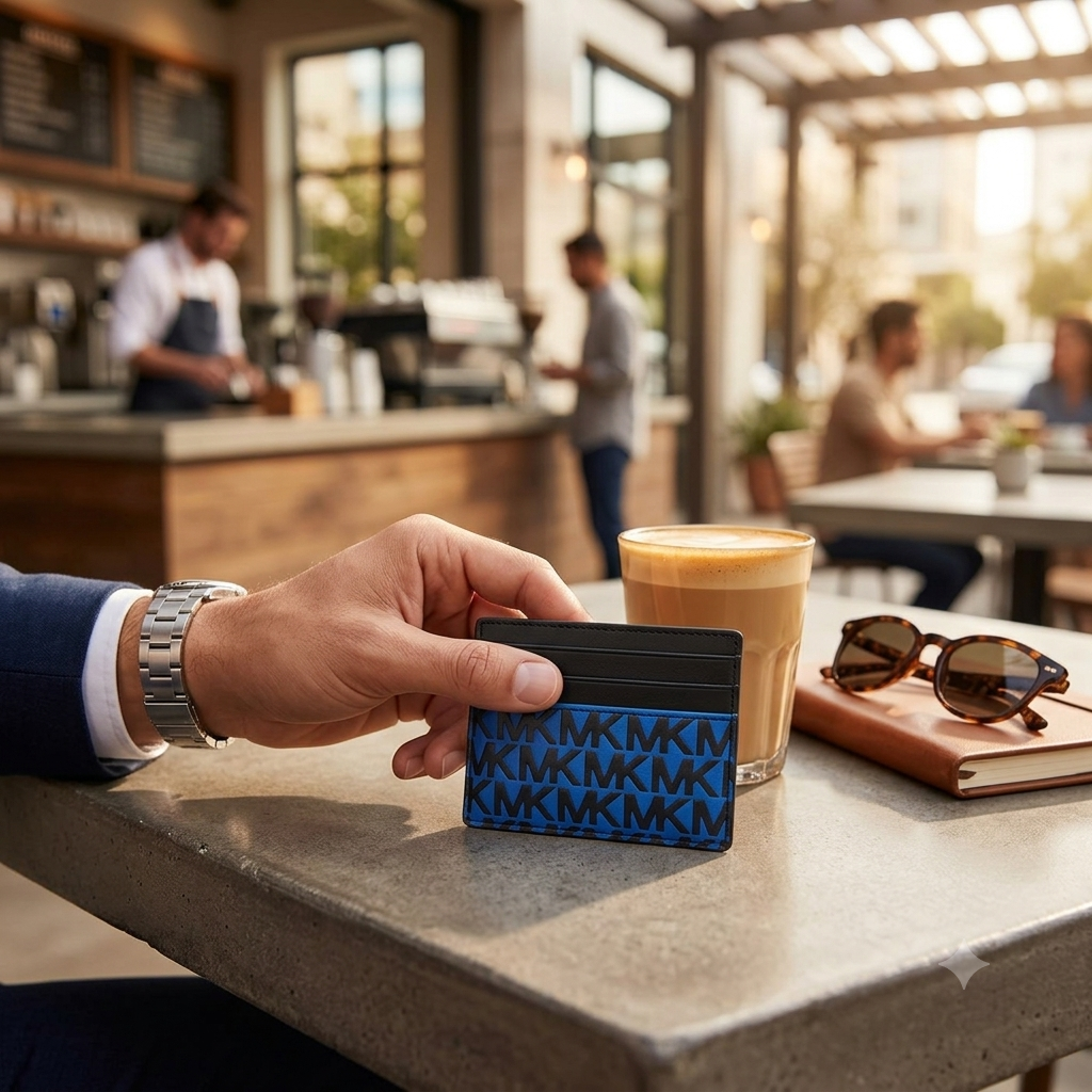 A Michael Kors slim card holder wallet featuring a black leather top section and a blue and black monogram patterned lower section, shown on a plain white background.