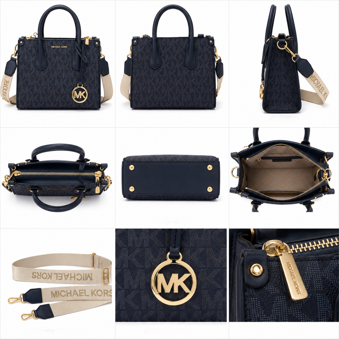Michael Kors MK Mirella Small Shopper Top Zip Crossbody Bag – Navy Blue Jacquard