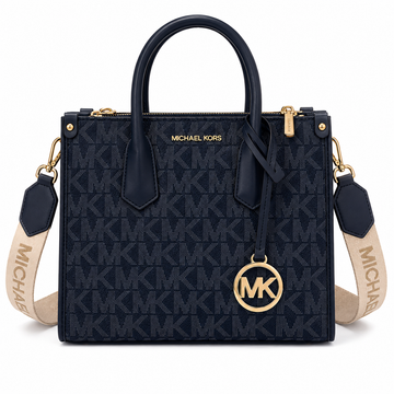 Michael Kors MK Mirella Small Shopper Top Zip Crossbody Bag – Navy Blue Jacquard