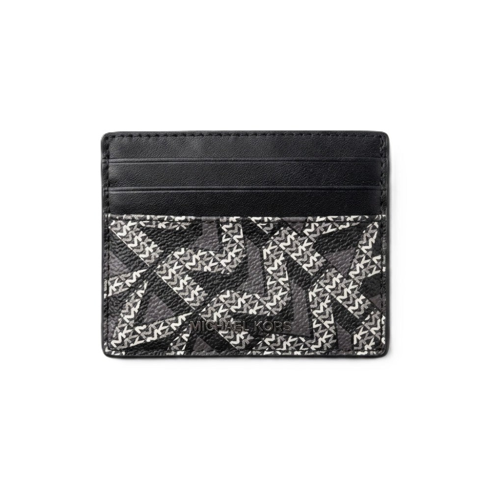 A black leather card holder wallet featuring a black and white geometric monogram pattern on the lower half, shown against a plain white background.