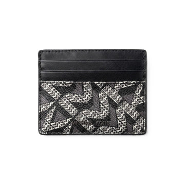 A black leather card holder wallet featuring a black and white geometric monogram pattern on the lower half, shown against a plain white background.