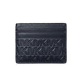 A dark navy blue leather cardholder wallet featuring an embossed repeating MK monogram pattern, shown against a plain white background.