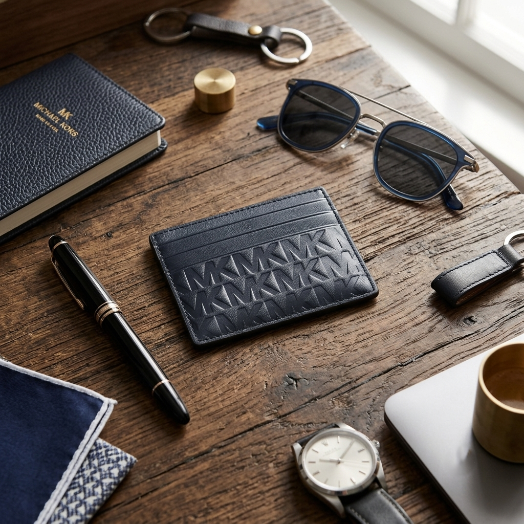 A dark navy leather cardholder wallet with a debossed geometric pattern, styled on a rustic wooden desk alongside a black leather notebook, sunglasses, a pen, a watch, and other accessories.