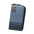 A blue textured leather zip-around card holder wallet with a silver-tone 'MK' logo on the front, set against a plain white background.