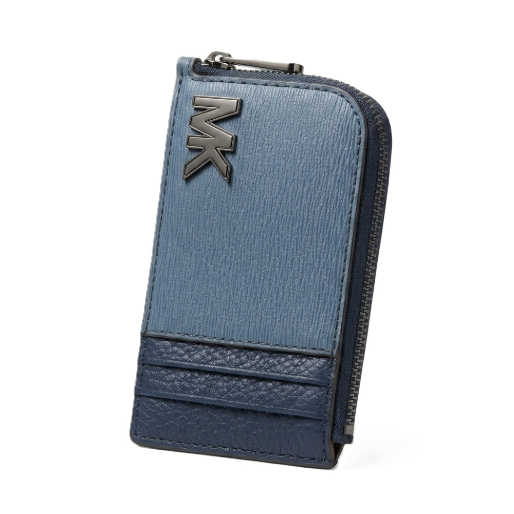 A blue textured leather zip-around card holder wallet with a silver-tone 'MK' logo on the front, set against a plain white background.