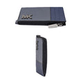 Michael Kors zip-around wallet shown in two views: a flat top-down view and a vertical side view, in navy blue and gray textured material with a silver-tone MK logo and zipper pull.