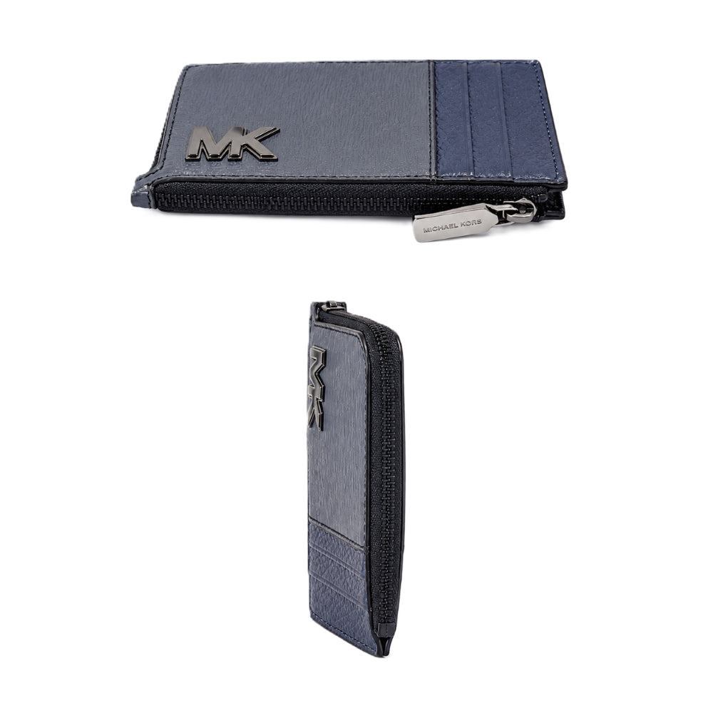 Michael Kors zip-around wallet shown in two views: a flat top-down view and a vertical side view, in navy blue and gray textured material with a silver-tone MK logo and zipper pull.