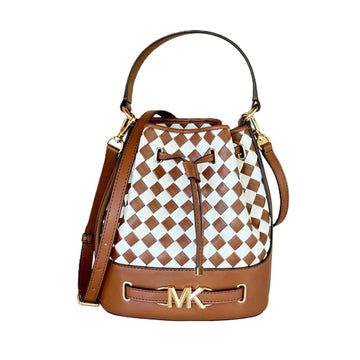 Michael Kors Reed Medium Belted Bucket Top Handle Shoulder Messenger Bag – Woven Smooth Leather – Luggage Multi