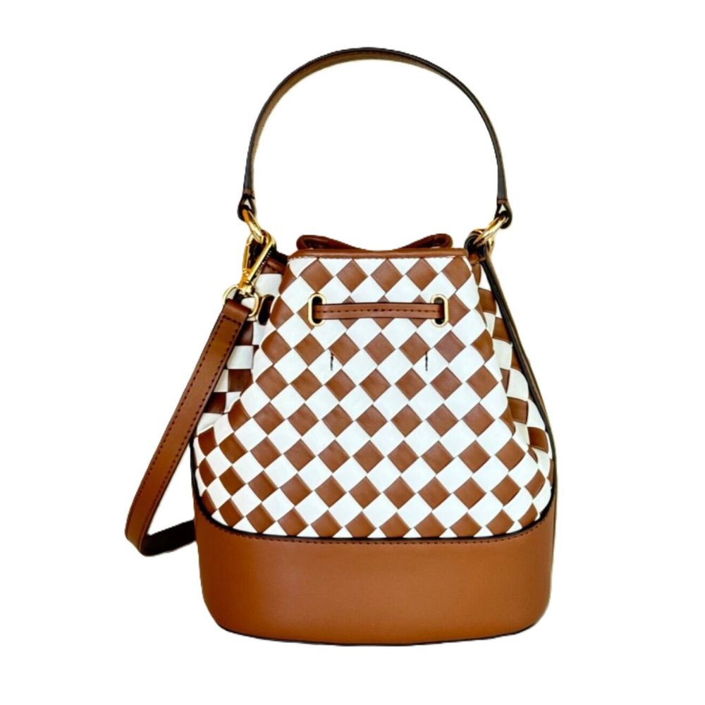 Michael Kors Reed Medium Belted Bucket Top Handle Shoulder Messenger Bag – Woven Smooth Leather – Luggage Multi