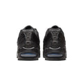 A pair of black Nike Air Max 90 sneakers shown from the back, featuring black mesh and synthetic overlays with a translucent blue Air unit in the heel.