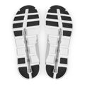 Top-down view of a pair of athletic shoes showing the outsoles, featuring a white and black tread pattern with gray midsoles on a white background.