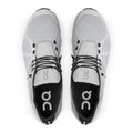 A pair of On running shoes shown from a top-down view, featuring a light gray and white mesh upper with black laces and black interior lining.