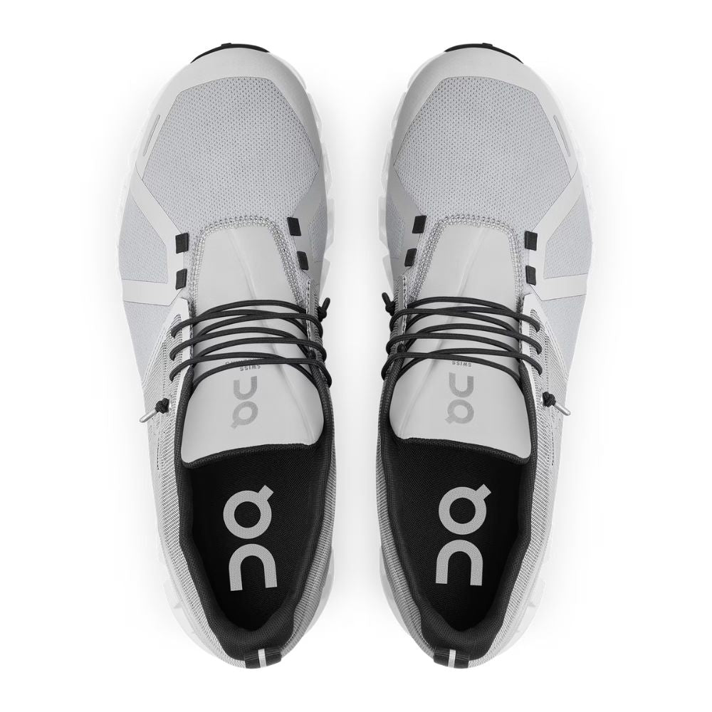 A pair of On running shoes shown from a top-down view, featuring a light gray and white mesh upper with black laces and black interior lining.