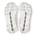 Top-down view of a pair of white athletic shoes showing the textured outsoles and gray elastic laces.