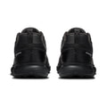 A pair of black athletic sneakers shown from the rear, featuring textured black soles and a small reflective silver stripe on the sides, set against a plain white background.