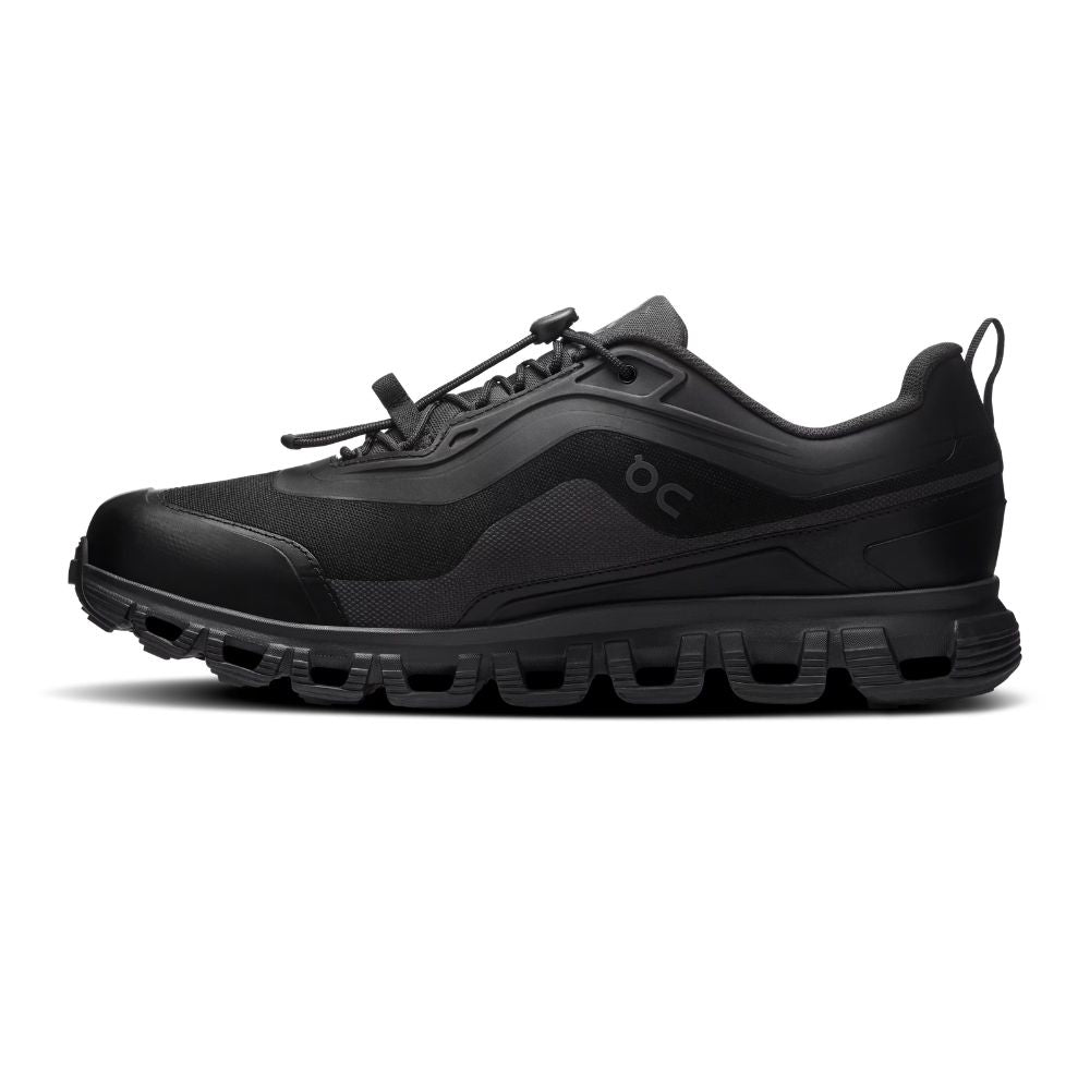 A black On running shoe with a chunky, wavy sole, shown in a side profile on a white background.