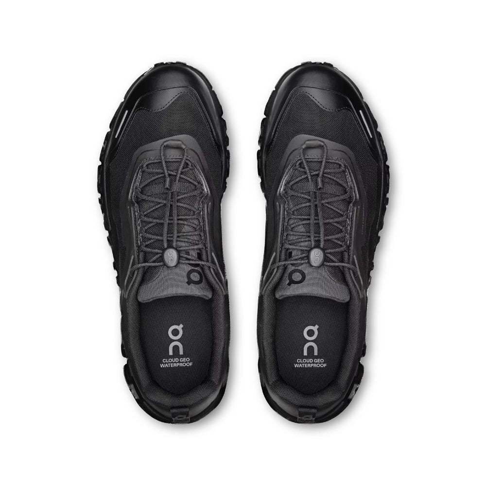 A pair of black On Cloud-900 Waterproof trail running shoes shown from a top-down view against a white background.