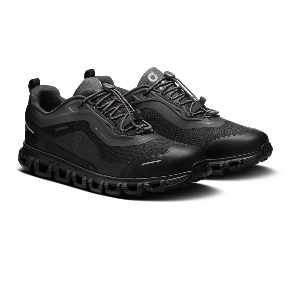 A pair of black On Cloudrunner sneakers shown from a three-quarters angle against a clean white background.