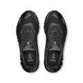 A pair of black On waterproof trail running shoes shown from a top-down view on a white background.