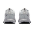 A pair of white and light gray running shoes shown from the back, featuring the 'on' logo on the heel pull tabs, set against a plain white background.