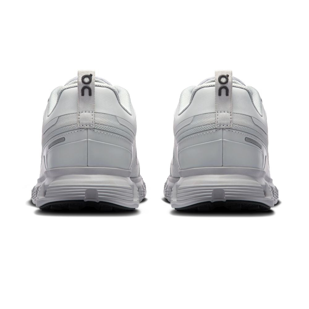 A pair of white and light gray running shoes shown from the back, featuring the 'on' logo on the heel pull tabs, set against a plain white background.