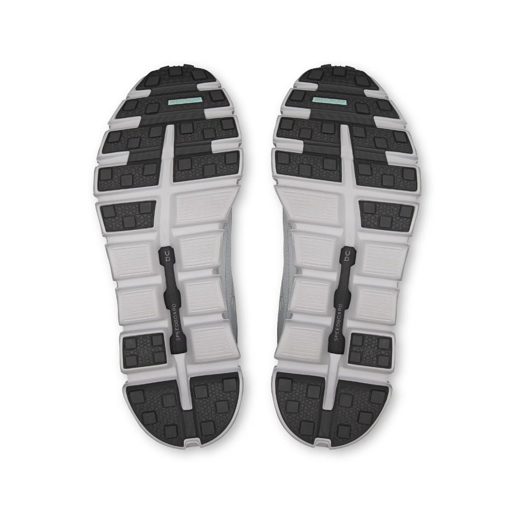 Top view of a pair of black and white shoes on a white background