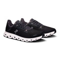 A pair of black On running shoes with a white cloud-like sole, displayed on a clean white background.