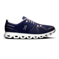 A navy blue On running shoe with a white midsole and white laces, shown in a side profile on a white background.
