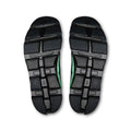A pair of athletic shoes shown from the sole view, displaying black textured rubber outsoles with a vibrant green accent stripe running vertically along the center.