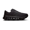 A black On Running sneaker shown from the side against a plain white background, featuring a textured mesh upper, black laces, and a distinctive chunky cushioned sole with cutout details.