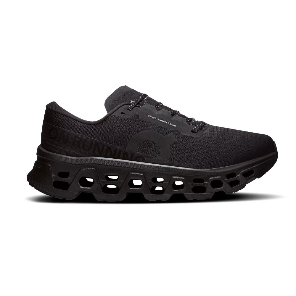 A black On Running sneaker shown from the side against a plain white background, featuring a textured mesh upper, black laces, and a distinctive chunky cushioned sole with cutout details.