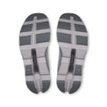 A pair of athletic shoes shown from the sole view, featuring a gray and white treaded outsole with black heel hooks, photographed on a solid white background.