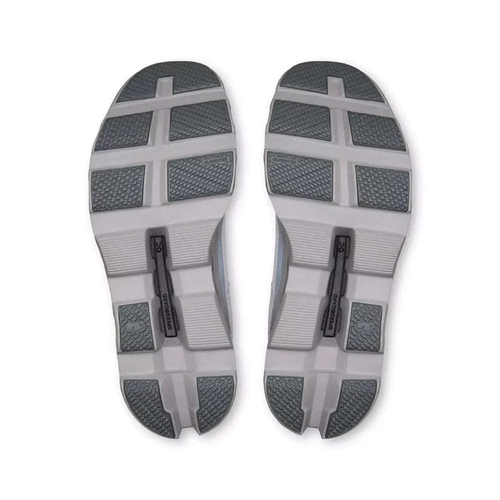 A pair of athletic shoes shown from the sole view, featuring a gray and white treaded outsole with black heel hooks, photographed on a solid white background.